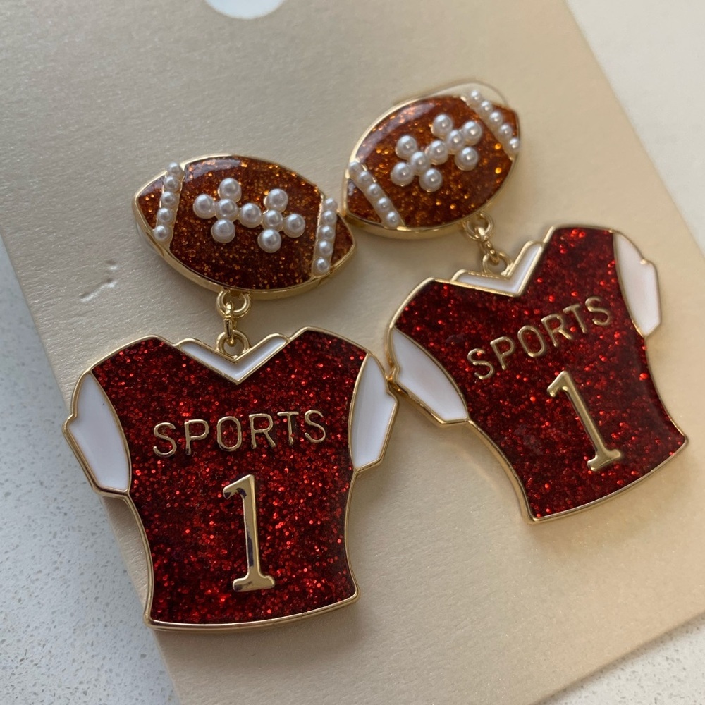 Football Jersey Post Drop Earrings - Red/Gold - NWT - Picture 4 of 5